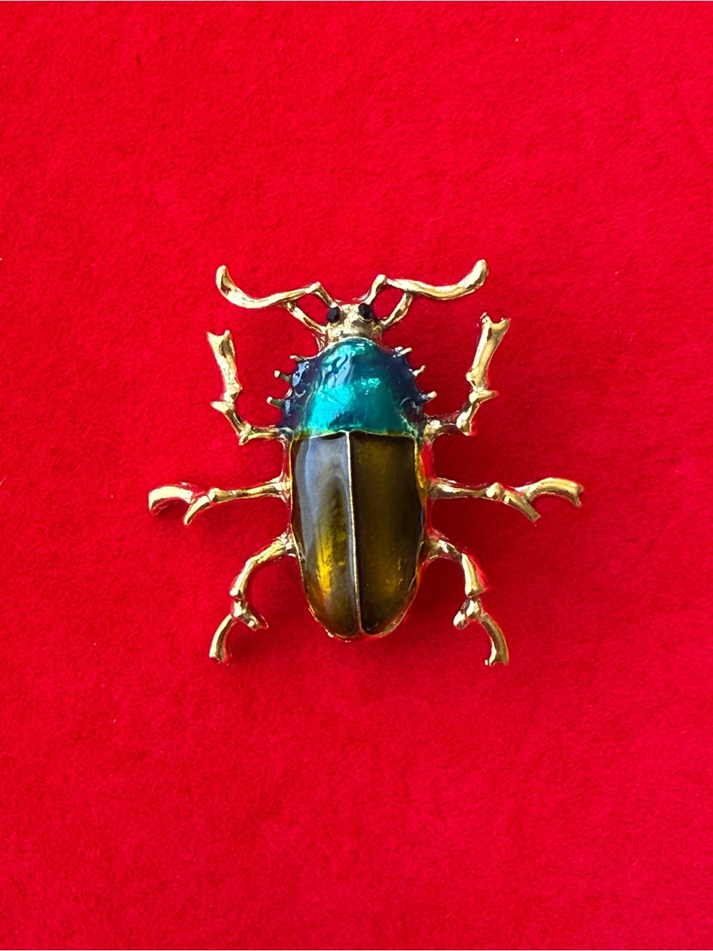 American Vintage Gold Beetle Brooch with Teal and Olive Accents